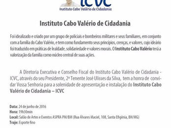 Convite: Instituto Cabo Valério de Cidadania será instalado em BH nesta sexta-feira, 24/06, às 19h30
