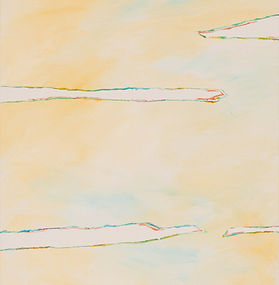 An abstract painting similar in design to birth bark with soft yellows with moments breaking through with thin strips of green, blue and copper.