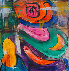bold shapes of orange, pink, teal and purple and deep blue.