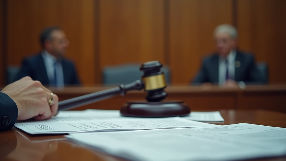 Close-up view of a courtroom showing legal documents and evidence