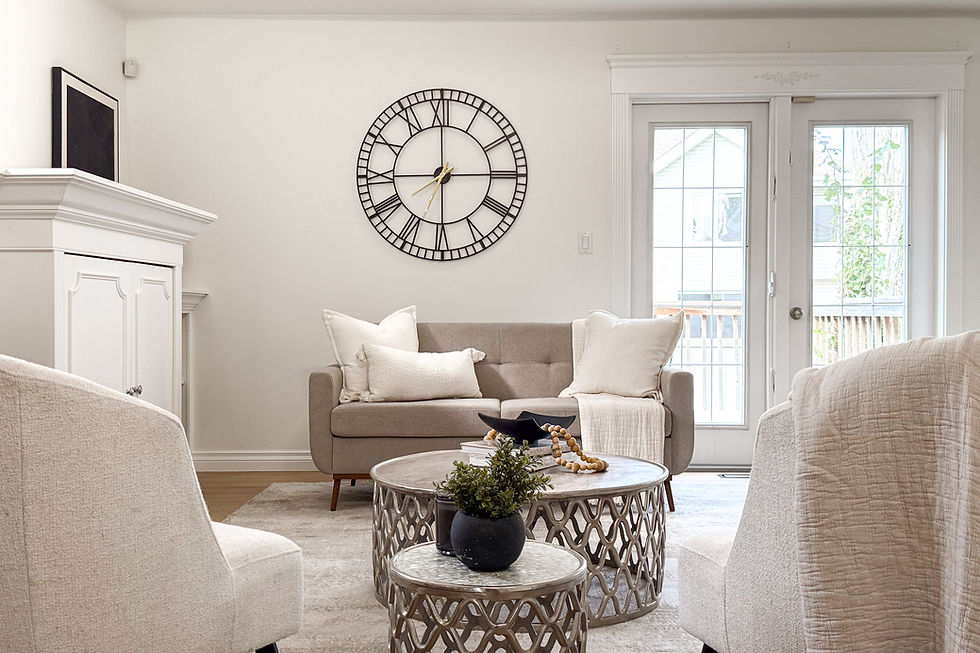 Eye-level view of a bright living room with modern furniture arranged for optimal space