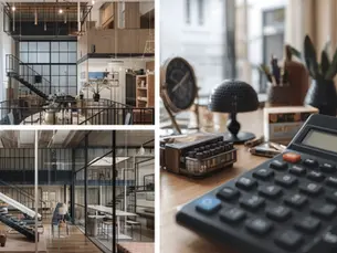 Intérieur avec mezzanine et escaliers métalliques, associé à un bureau avec calculatrice illustrant le coût d’un projet d’architecture intérieure.