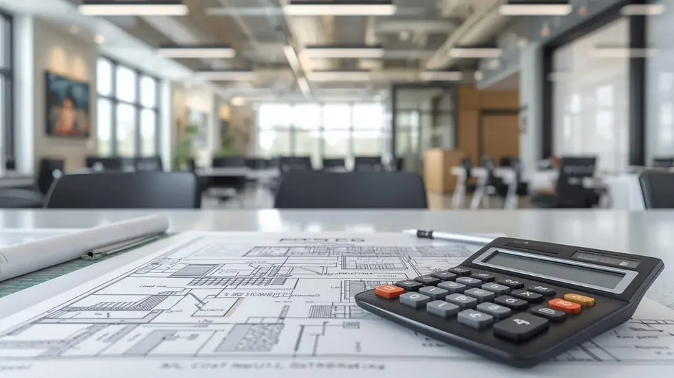 Plans d’architecture avec calculatrice sur bureau, illustration d’une étude de faisabilité et estimation de projet.