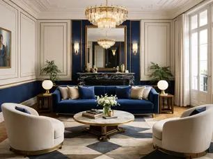 Salon Art déco parisien avec canapé en velours bleu, fauteuils crème, marbre, laiton et parquet en point de Hongrie.