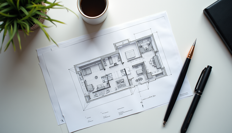 Vue en plongée d’un plan d’aménagement intérieur détaillé sur une table de travail