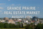 Grande Prairie Real Estate 2025 market image featuring the downtown skyline with office towers and residential buildings under a clear summer sky, with bold text overlay reading August 2025.