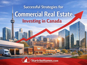 Composite daytime image of Canadian commercial real estate featuring office towers, retail storefronts, industrial warehouse and the CN Tower with the title “Successful Strategies for Commercial Real Estate Investing in Canada.”