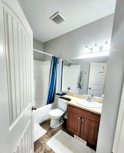 Main bathroom with bathtub and shower, toilet, vanity, large mirror, and patterned flooring.