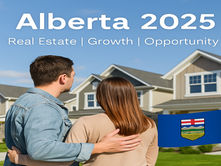 A couple stands arm-in-arm looking at modern Alberta homes on a sunny day, with the text “Alberta 2025 Real Estate | Growth | Opportunity” and the Alberta flag in view — highlighting Alberta real estate market optimism.