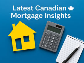 Modern flat lay with a yellow cut-out house, calculator, pen, and notepad on a blue background, representing Canadian mortgage rates updated monthly.