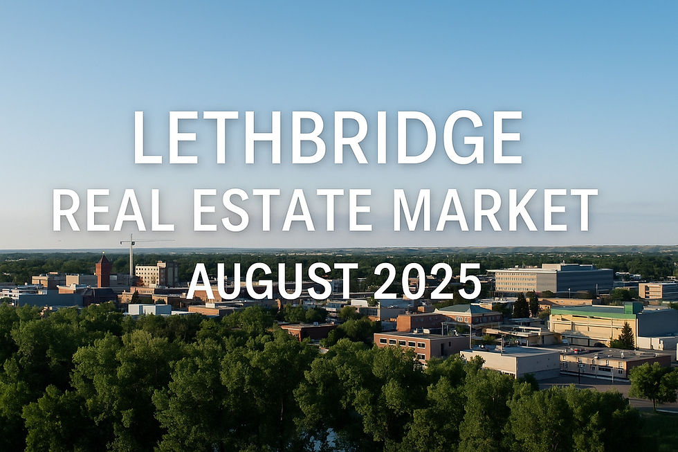Lethbridge Real Estate Market August 2025 – panoramic view of the Lethbridge skyline with text overlay for featured blog image.