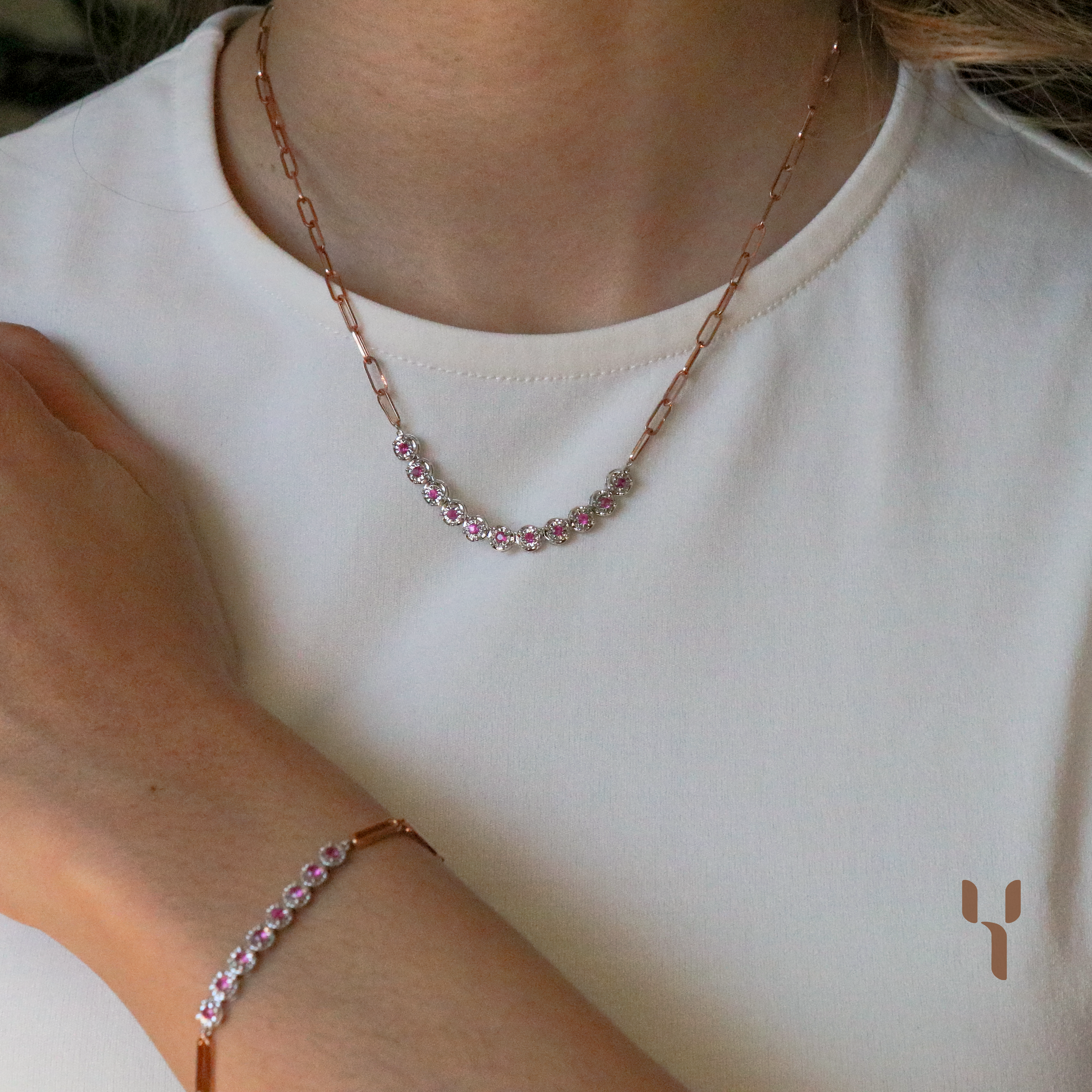 Ruby and Diamond Paperclip Necklace (Rose Gold)
