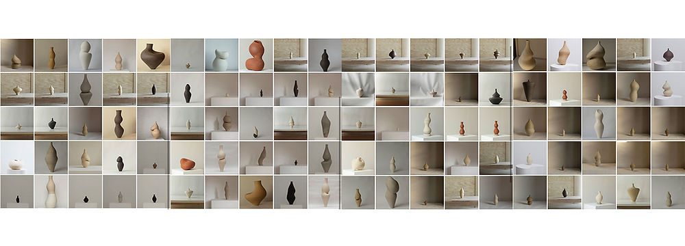 Collage of hand-built ceramic vessels showcasing a variety of forms, shapes, and scales, highlighting diverse ceramic design and craftsmanship.