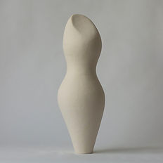 Closed ceramic sculpture featuring an asymmetrical curved form, photographed against a clean white background.