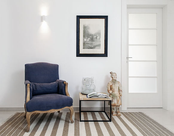 White glass dor, sofa, table