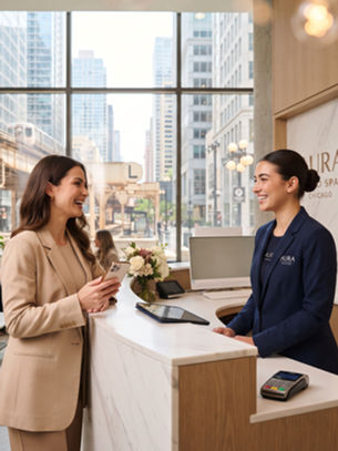 Modern medical spa reception desk layout illustrating expert med spa marketing Chicago concepts.