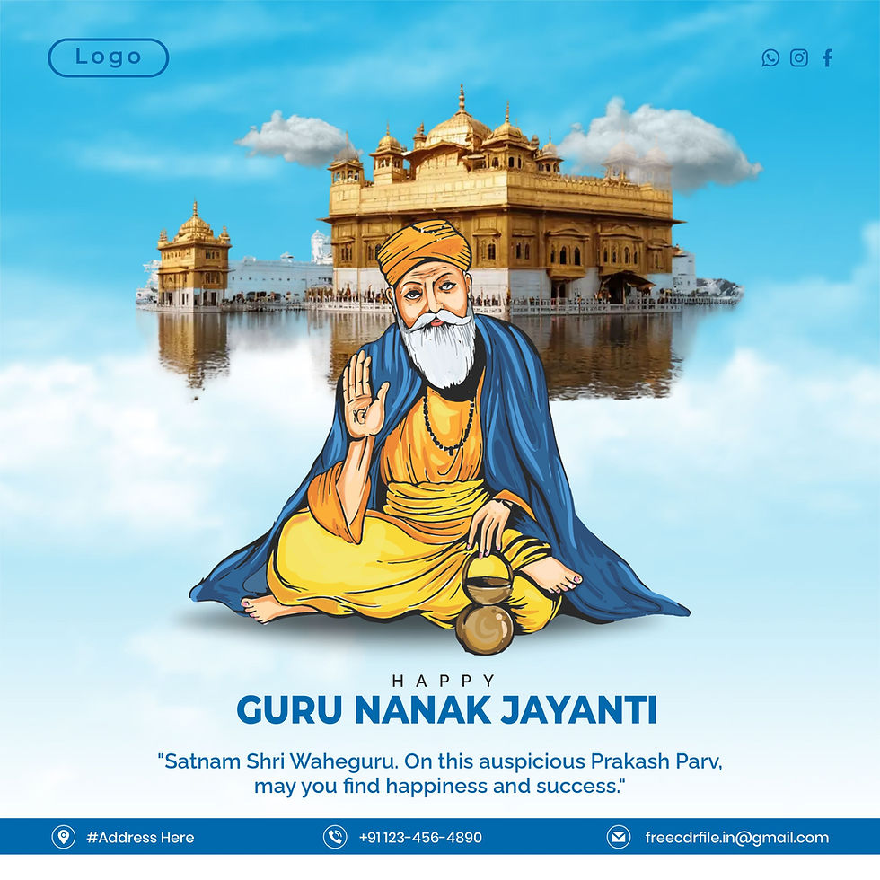 “Guru Nanak Dev Ji sitting in prayer with golden temple scene for Jayanti celebration.”