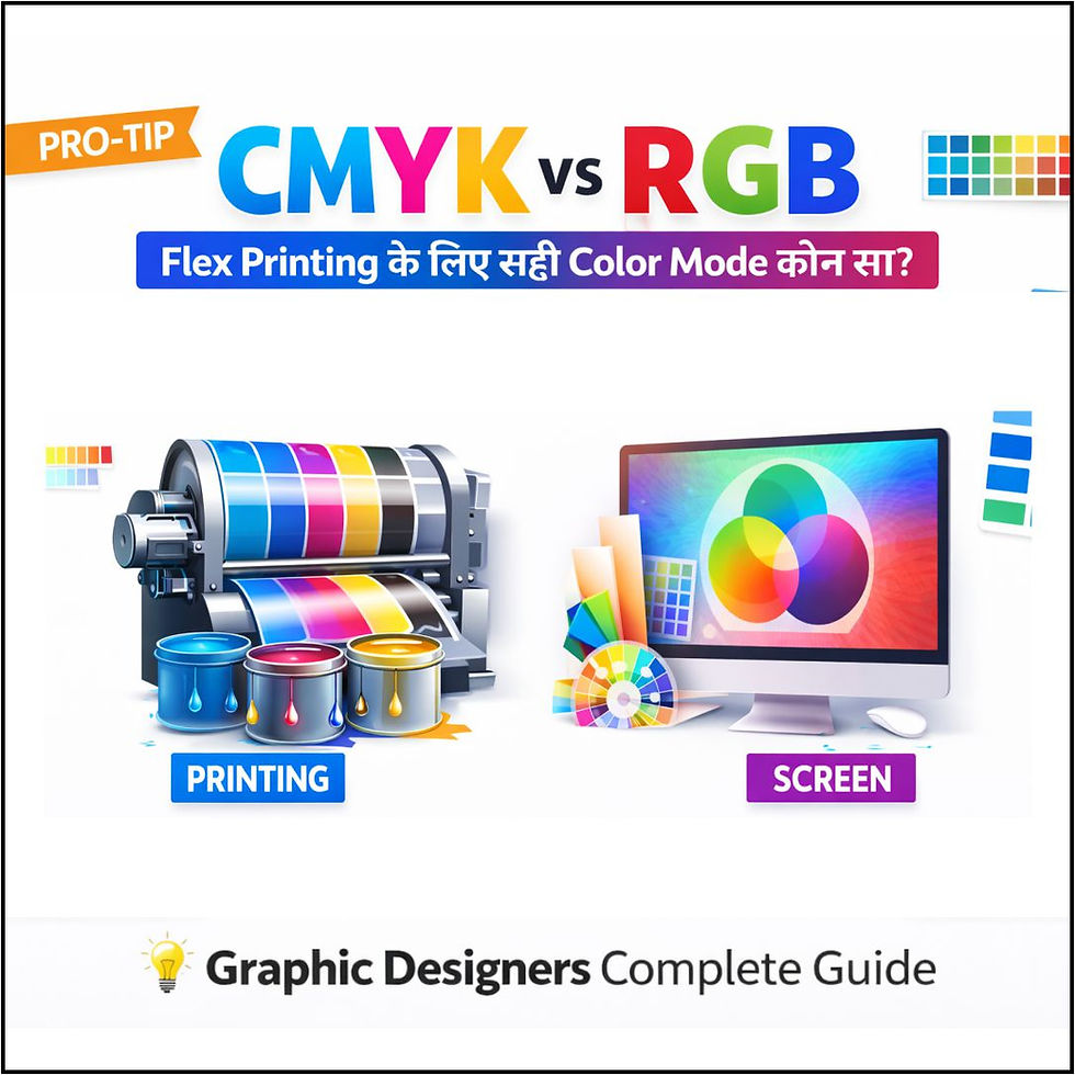 CMYK vs RGB comparison with a printer on the left and a computer screen on the right. Bright colors, text in Hindi, and a guide for designers.
