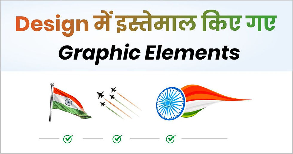 Indian flag elements: a flag, jets with trails, and an artistic wheel. Text: "Design में इस्तेमाल किए गए Graphic Elements." Green checks below.