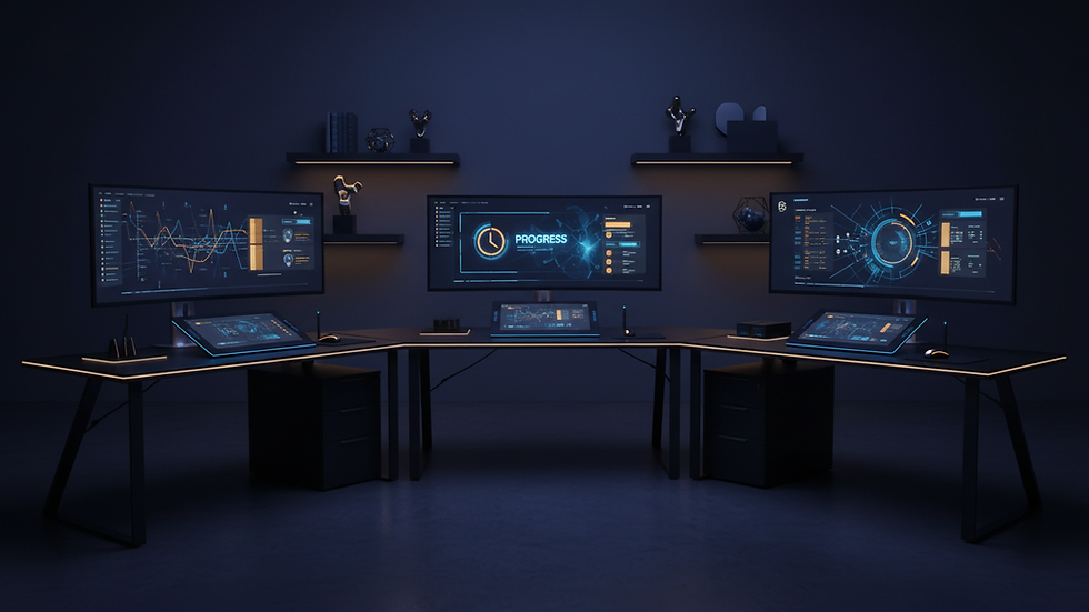 Eye-level view of a small business office with computers and digital tools