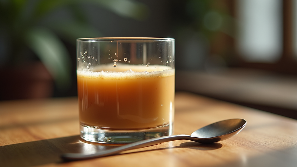 Close-up view of a glass with thickened liquid and a spoon beside it