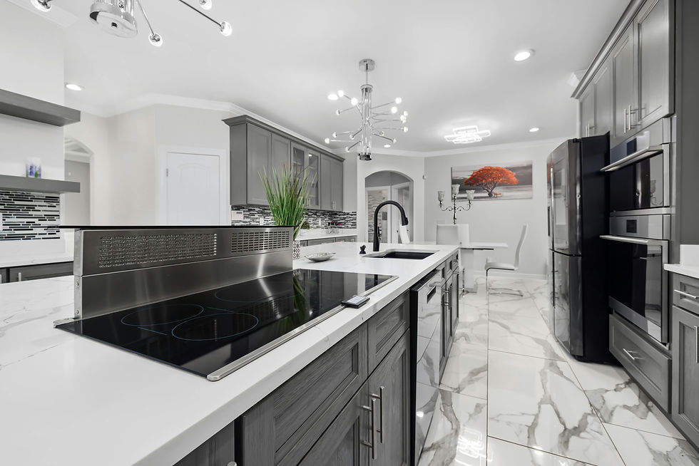 Modern kitchen with marble floor tiles