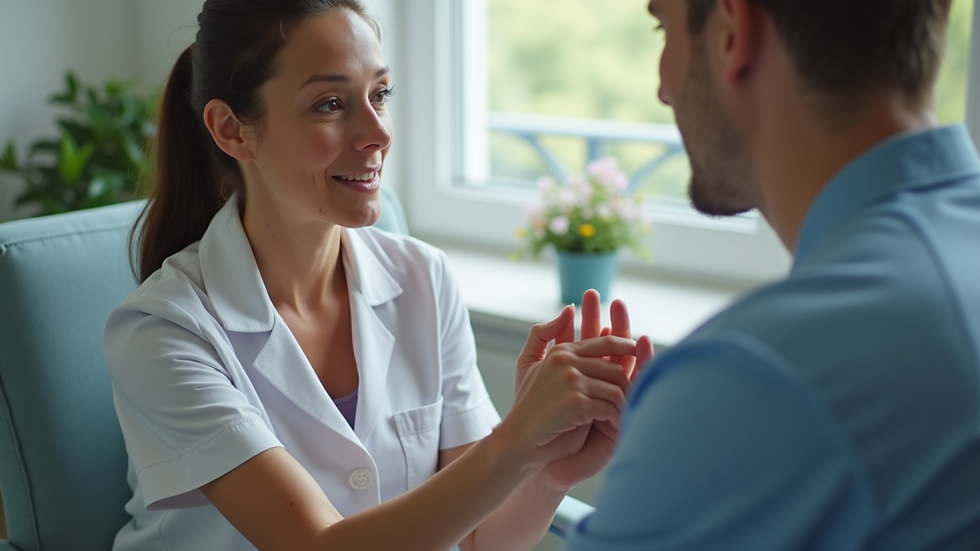 High angle view of a therapy session with a speech therapist guiding a patient through swallowing exercises