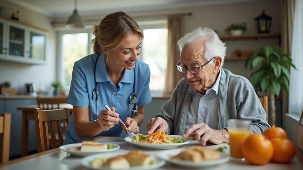 Eye-level view of a caregiver assisting an elderly person with eating in an upright position