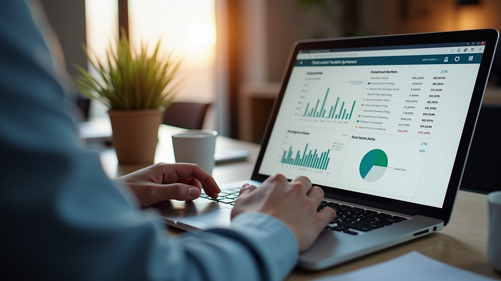 Eye-level view of a person reviewing a simple investment portfolio on a laptop