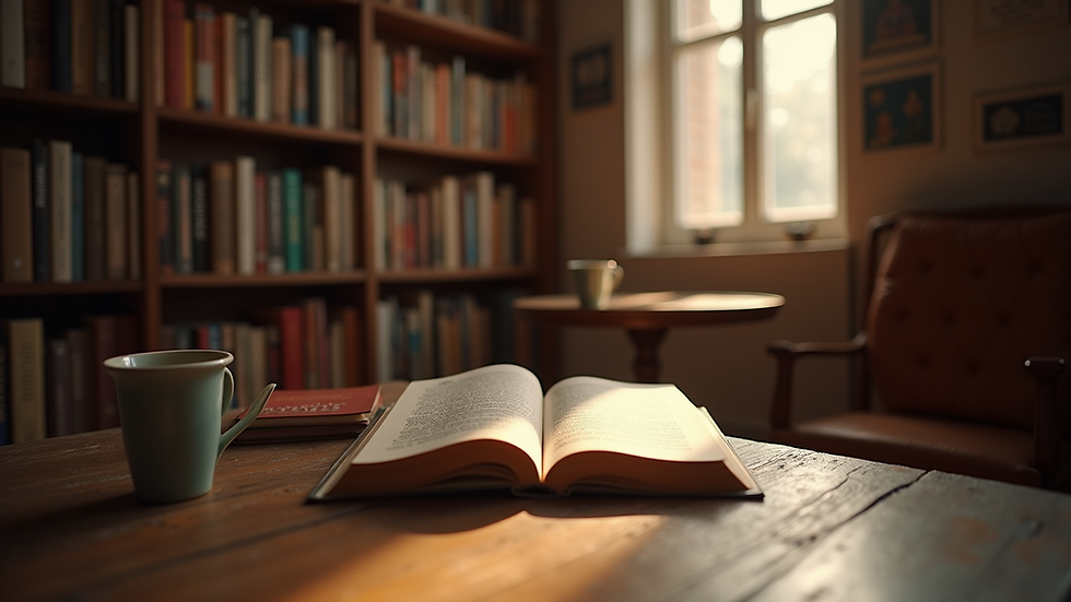 Eye-level view of a cozy reading nook with books and a warm light