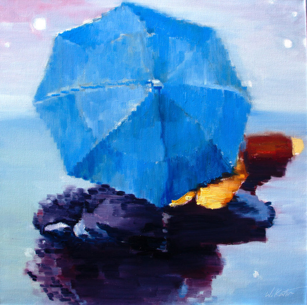 Blue Umbrella Over Twilight Streets 36 x 36" Oil on Canvas by Warren Keating
