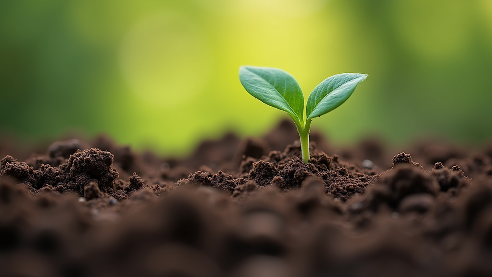 Close-up of rich potting soil with a small green sprout