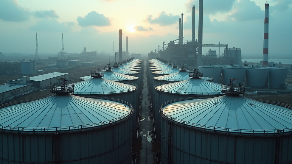 High angle view of industrial waste storage tanks at a manufacturing facility