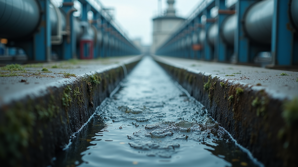 High angle view of industrial wastewater flowing through treatment channels