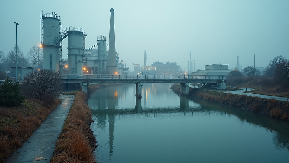High angle view of industrial plant with water recycling infrastructure