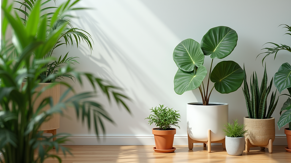 Eye-level view of a stylish indoor plant corner with various potted plants
