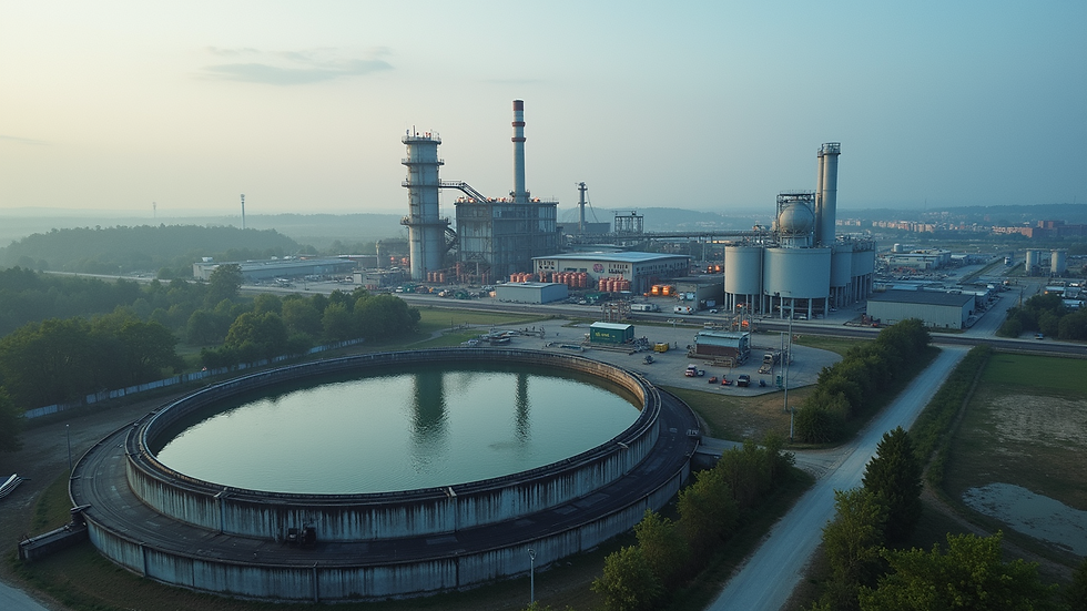 High angle view of industrial plant with wastewater treatment facility