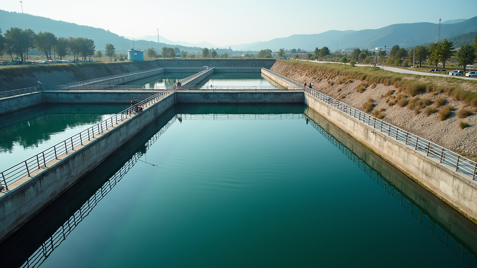 High angle view of wastewater treatment plant clarifiers