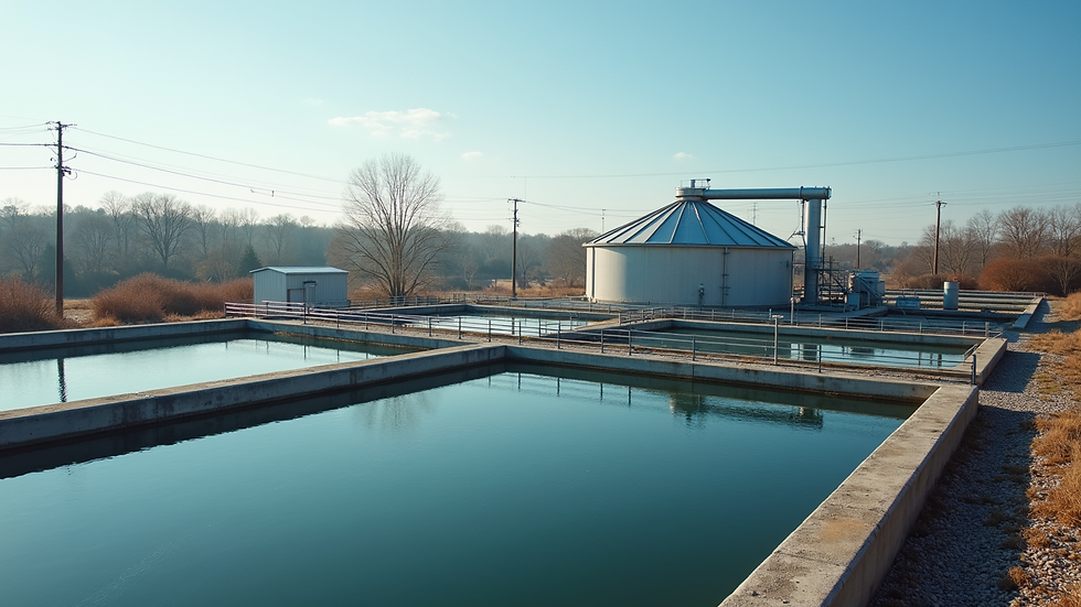 High angle view of wastewater treatment plant with aeration tanks and clear sky