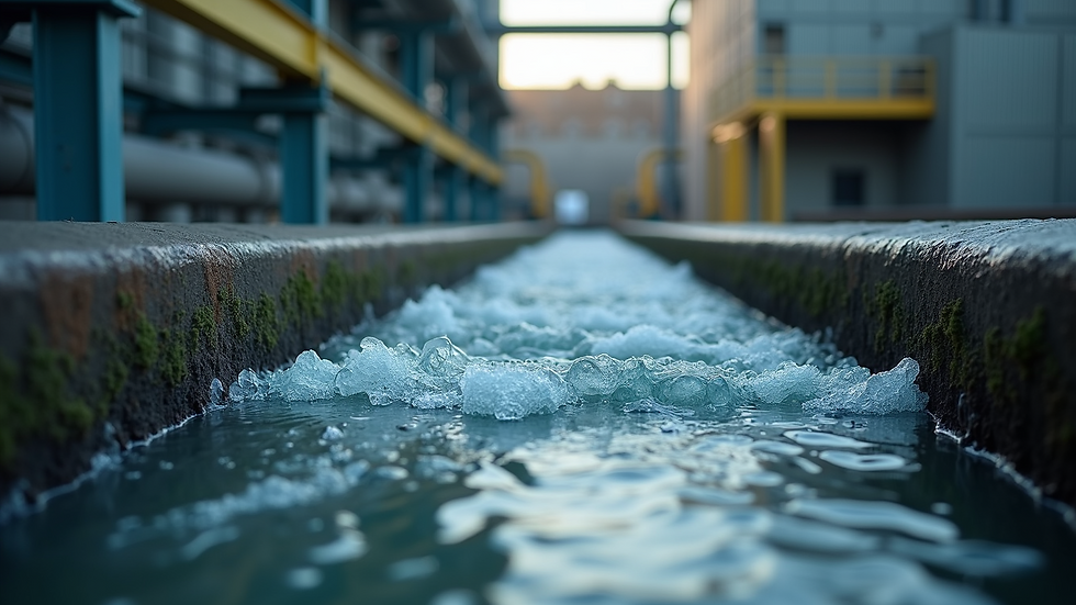 Close-up view of industrial wastewater flowing through treatment channels