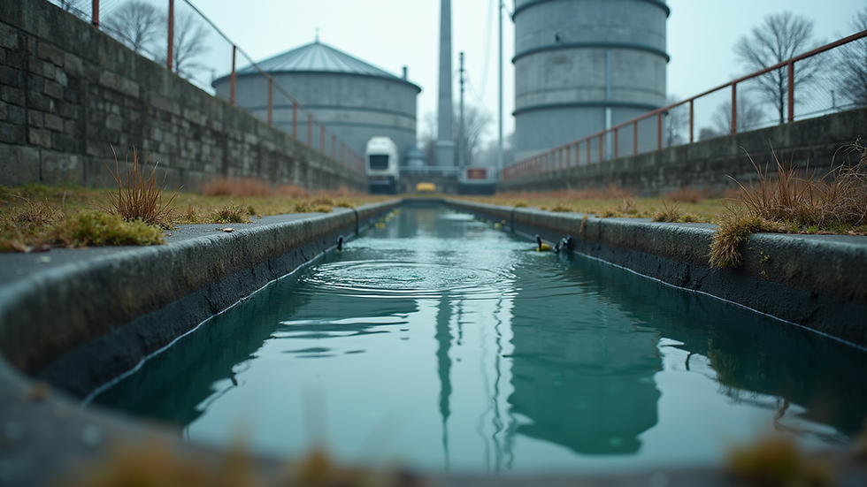 Eye-level view of industrial wastewater treatment tanks