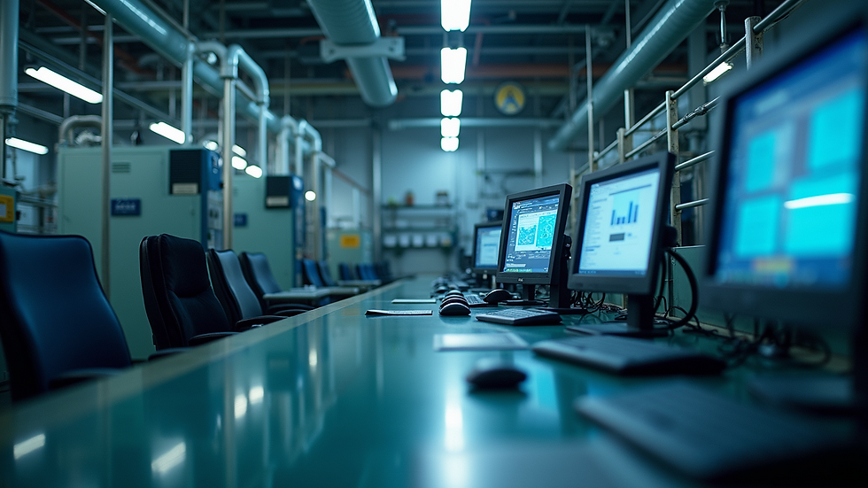Eye-level view of industrial control room monitoring water treatment