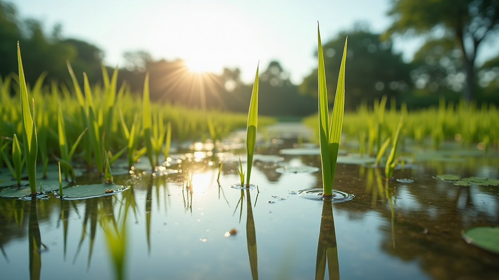 Eye-level view of constructed wetland with water plants and clear water