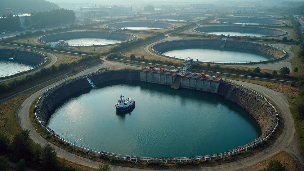 High angle view of industrial wastewater treatment facility with multiple treatment stages