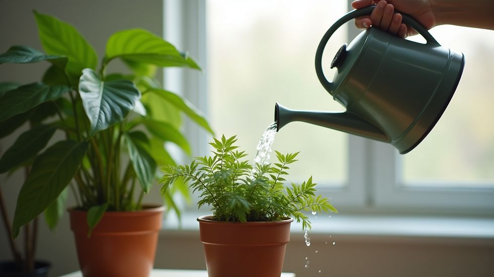 Eye-level view of a watering can gently watering a potted indoor plant