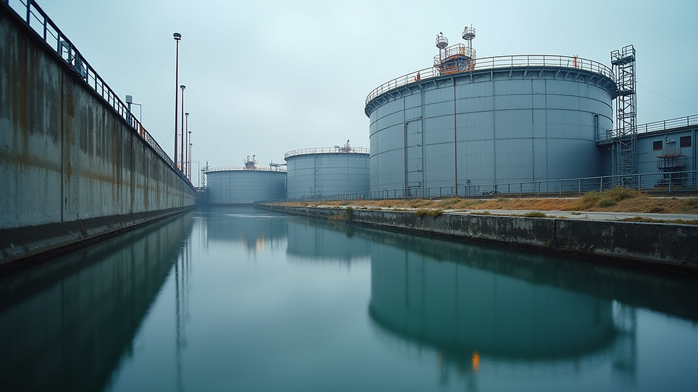 Eye-level view of industrial wastewater treatment plant with large tanks