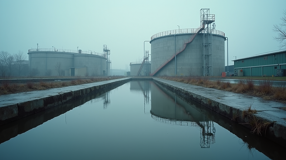 Eye-level view of industrial wastewater treatment plant with large tanks