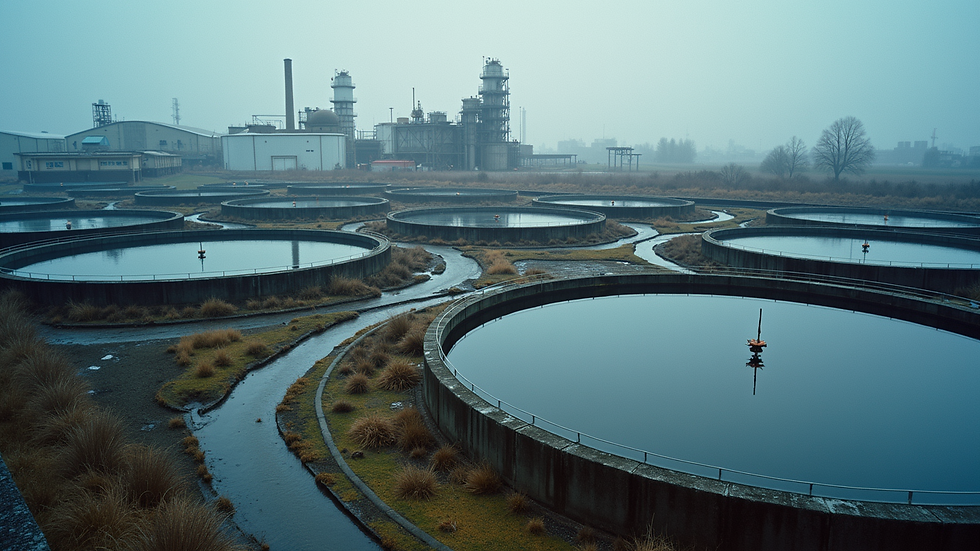 High angle view of wastewater treatment tanks at an industrial plant