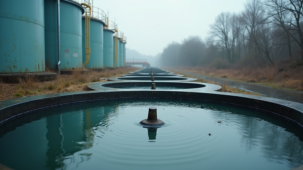 Eye-level view of industrial wastewater treatment tanks