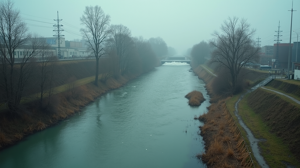 High angle view of polluted river with industrial discharge